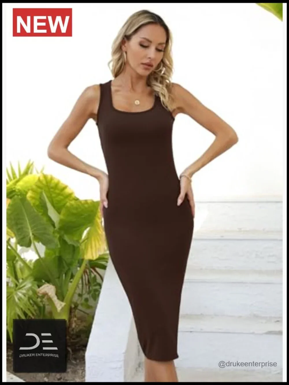 Ribbed Knit Square Neck Bodycon Midi Dress Side Slit